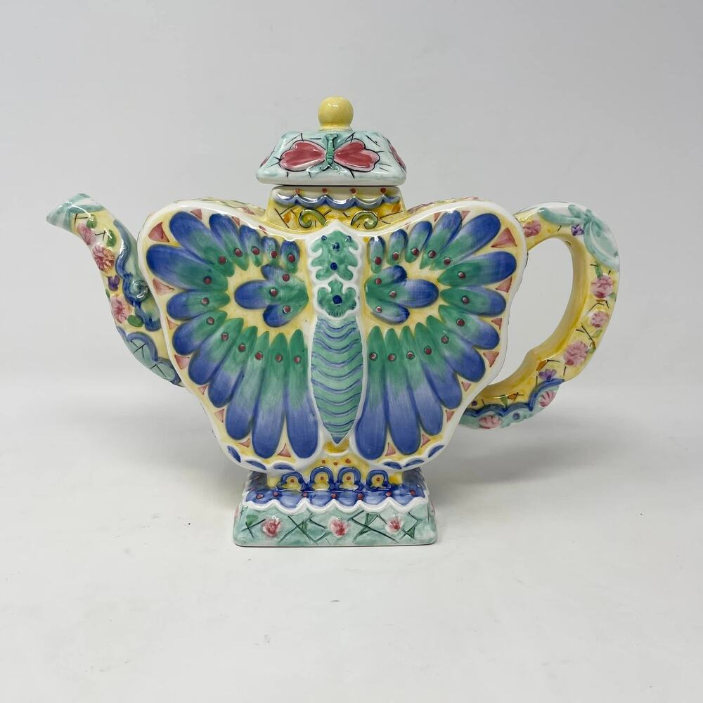 VTG Butterfly Decorative Teapot Yellow Green Blue Hand‎ Painted Ceramic